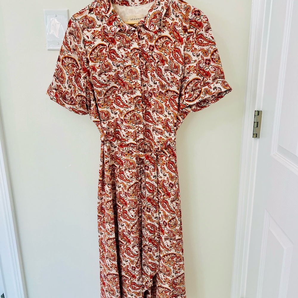 Sezane Red and White Paisley Midi Dress with Belted Tie